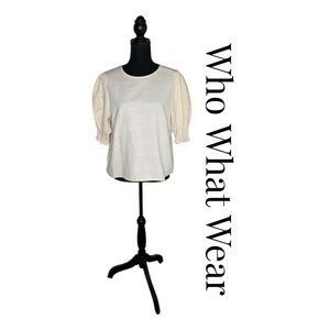 Who What Wear Cream Pullover 100% Cotton Blouse Womens Size M Puff Sleeves EUC!